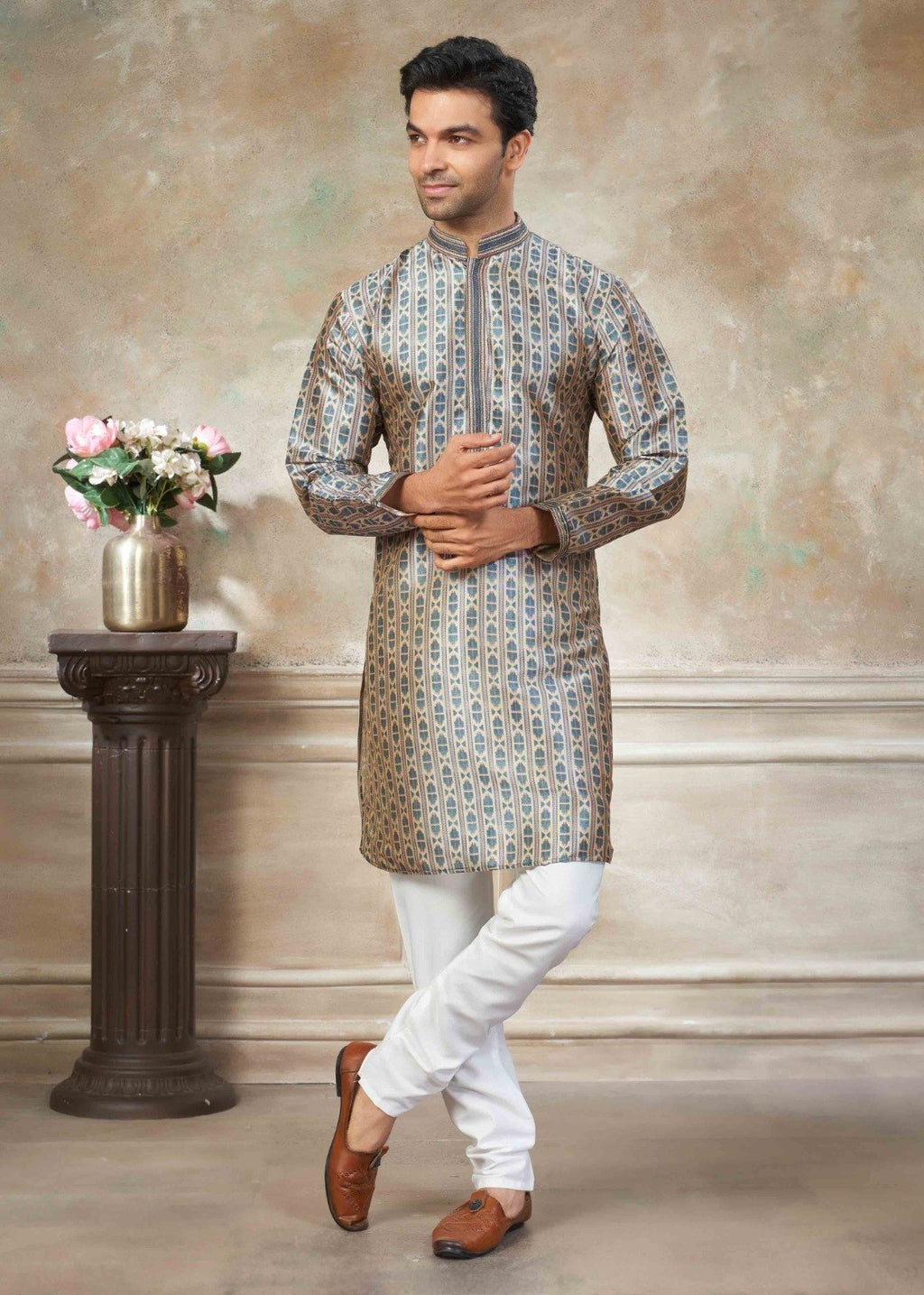 Men’s Premium Silk Digital Print Kurta Set with Pintex Work