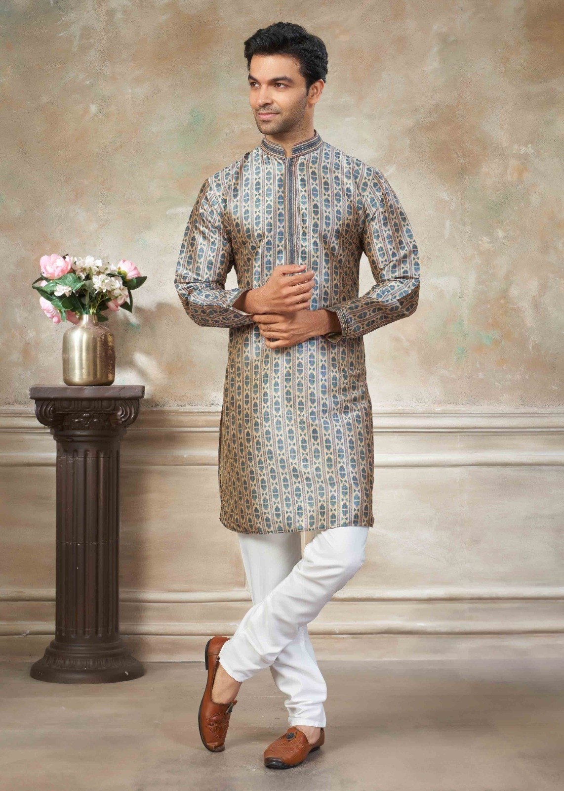 Men’s Premium Silk Digital Print Kurta Set with Pintex Work