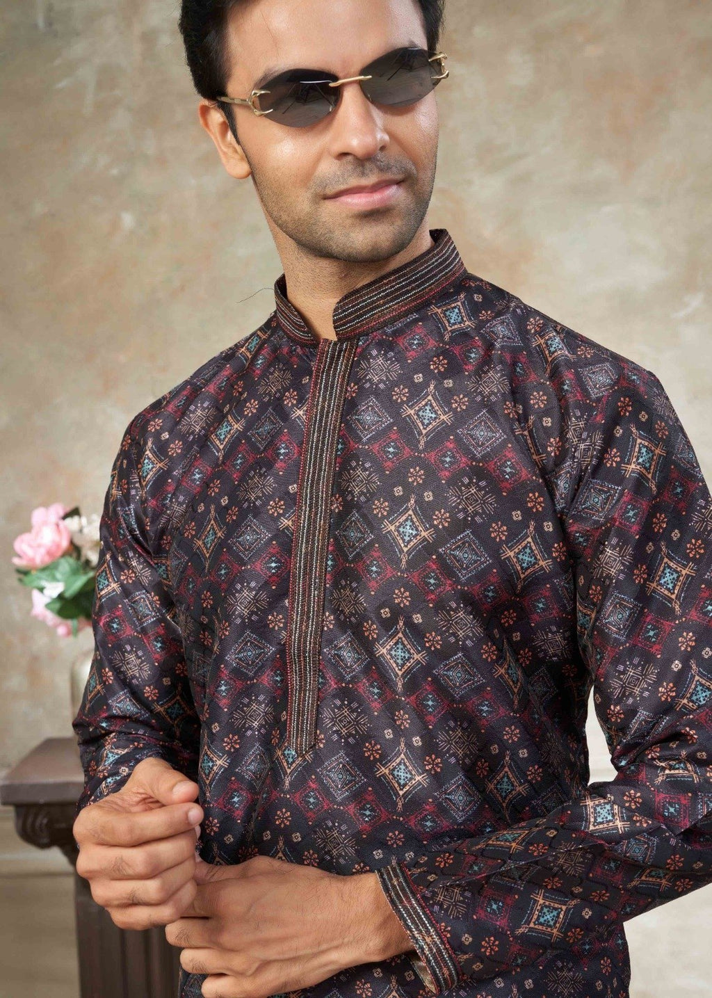 Men’s Premium Silk Digital Print Kurta Set with Pintex Work
