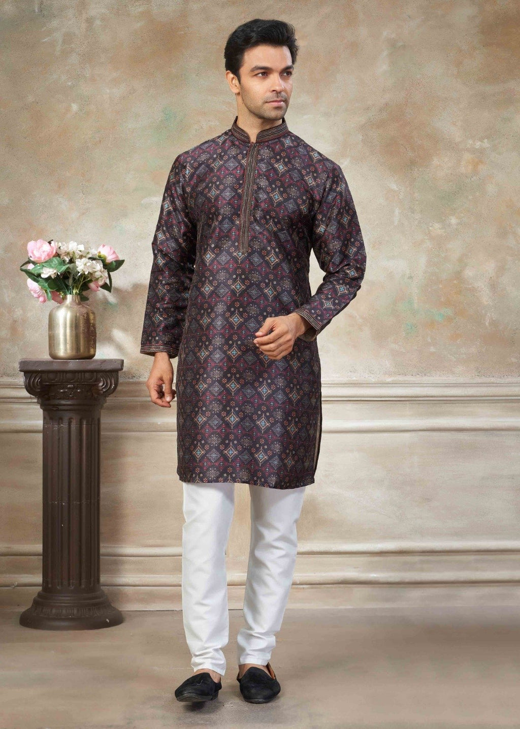 Men’s Premium Silk Digital Print Kurta Set with Pintex Work
