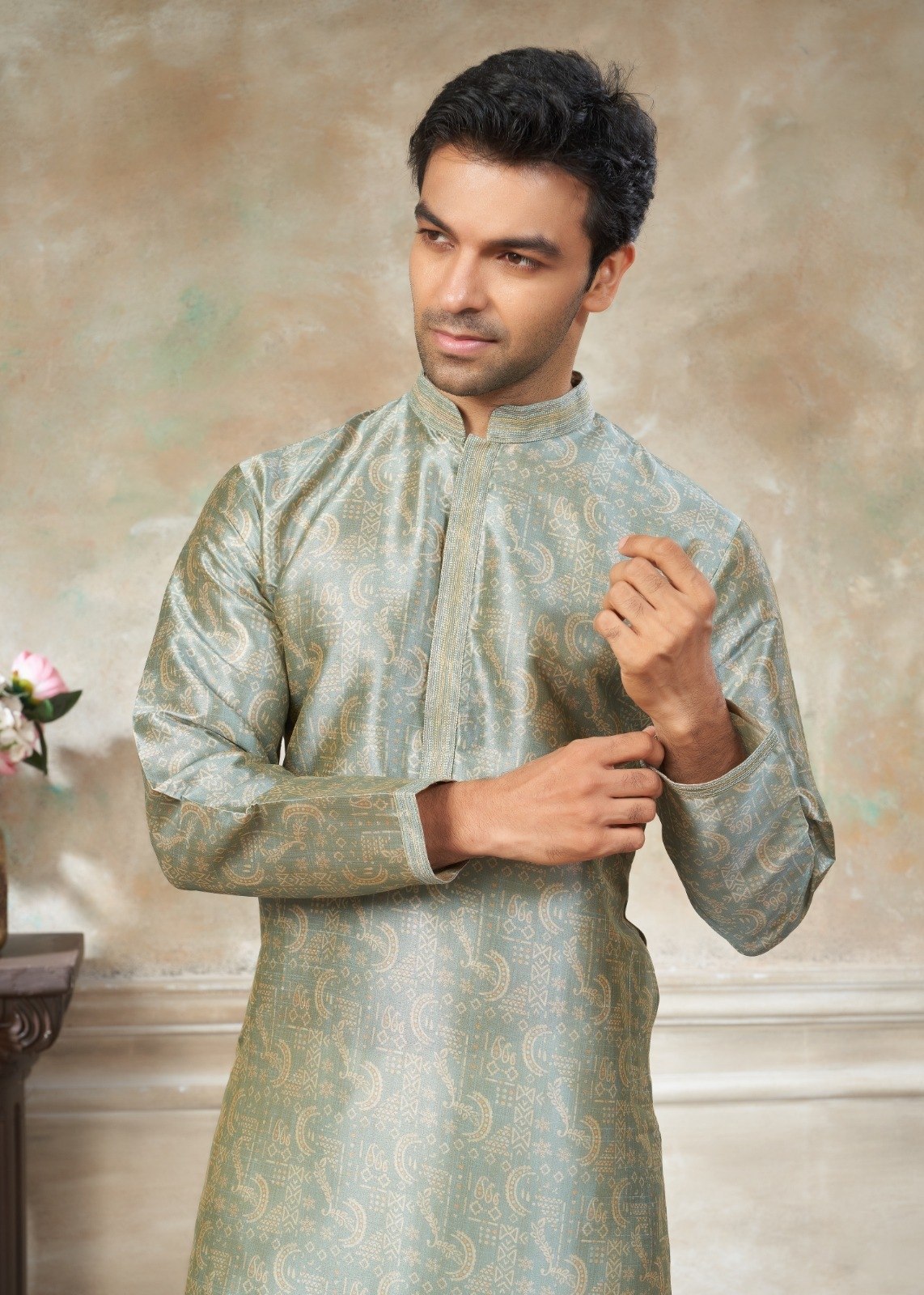 Men’s Premium Silk Digital Print Kurta Set with Pintex Work