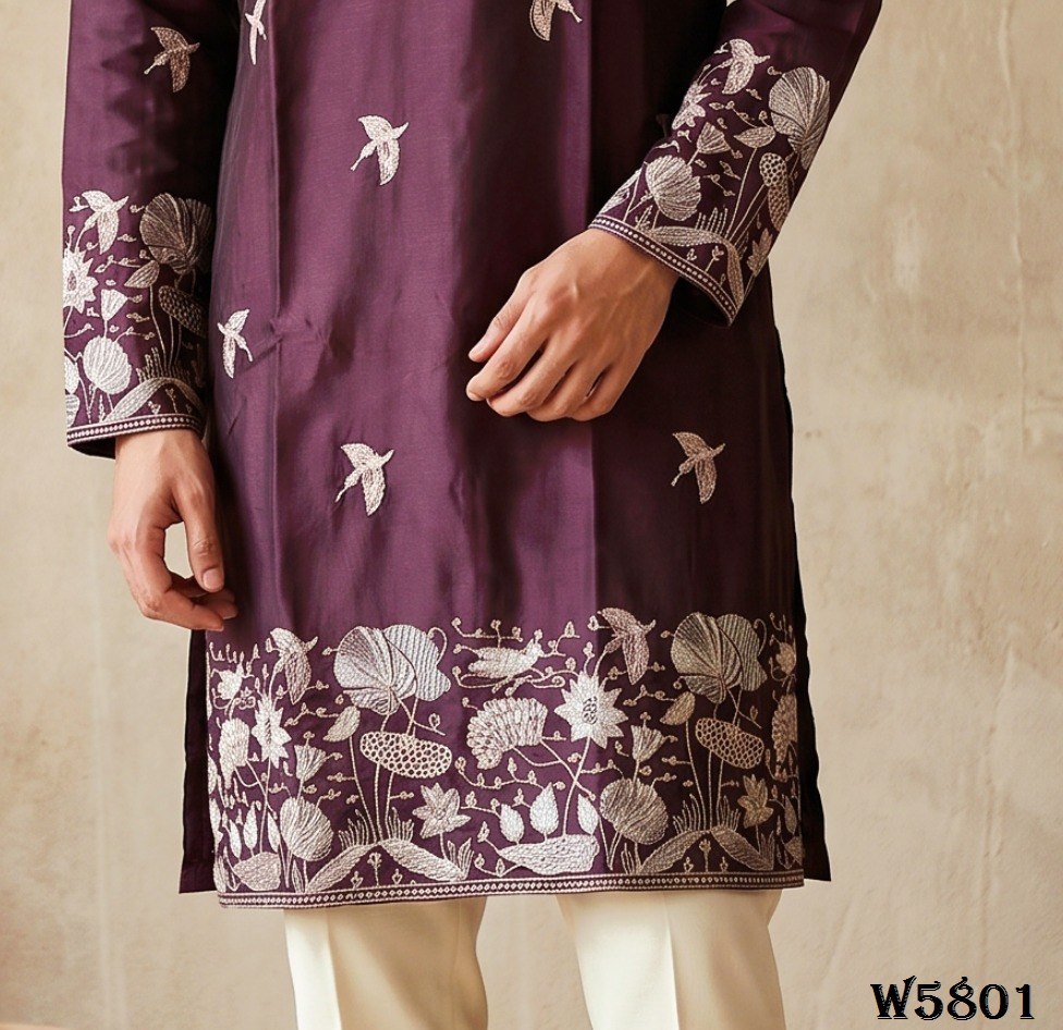 Men’s Silk Embroidered Kurta Pant Set with Cotton Inner
