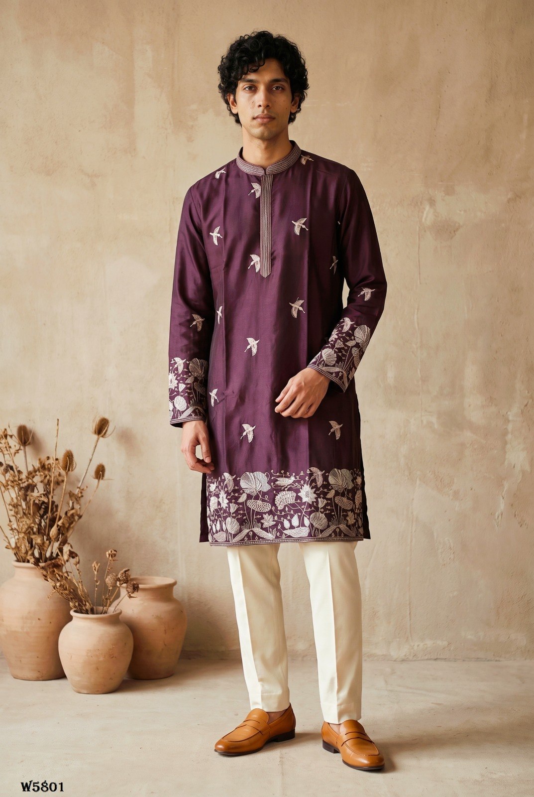 Men’s Silk Embroidered Kurta Pant Set with Cotton Inner
