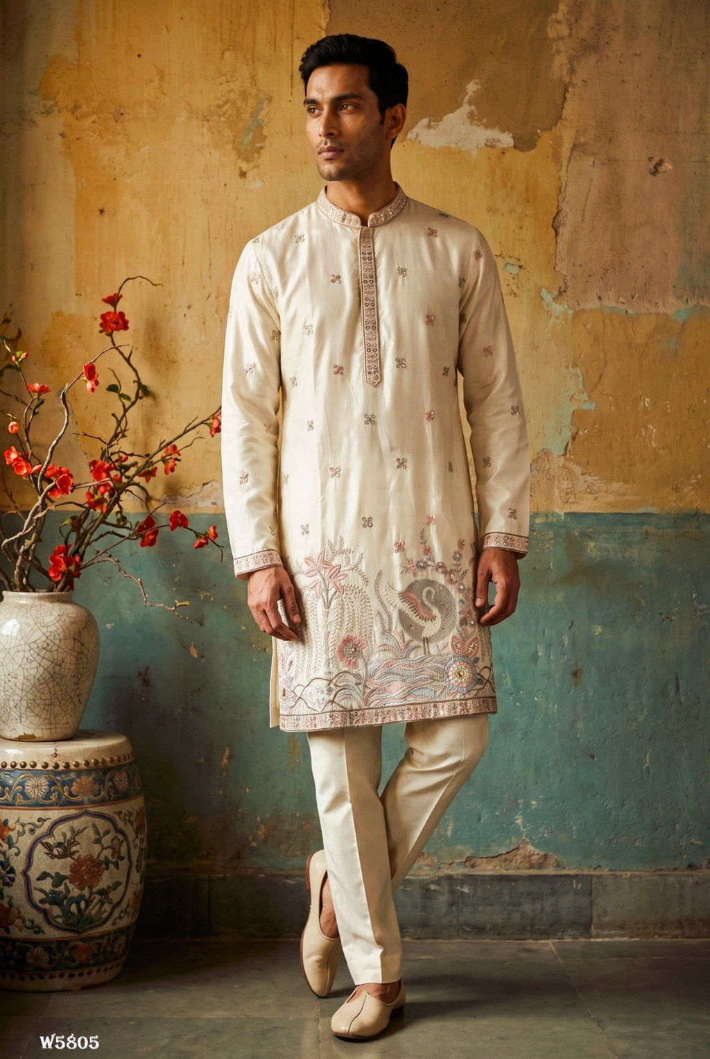 Men’s Silk Embroidered Kurta Pant Set with Cotton Inner