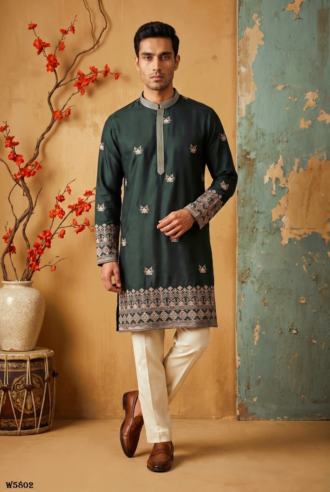 Men’s Silk Embroidered Kurta Pant Set with Cotton Inner
