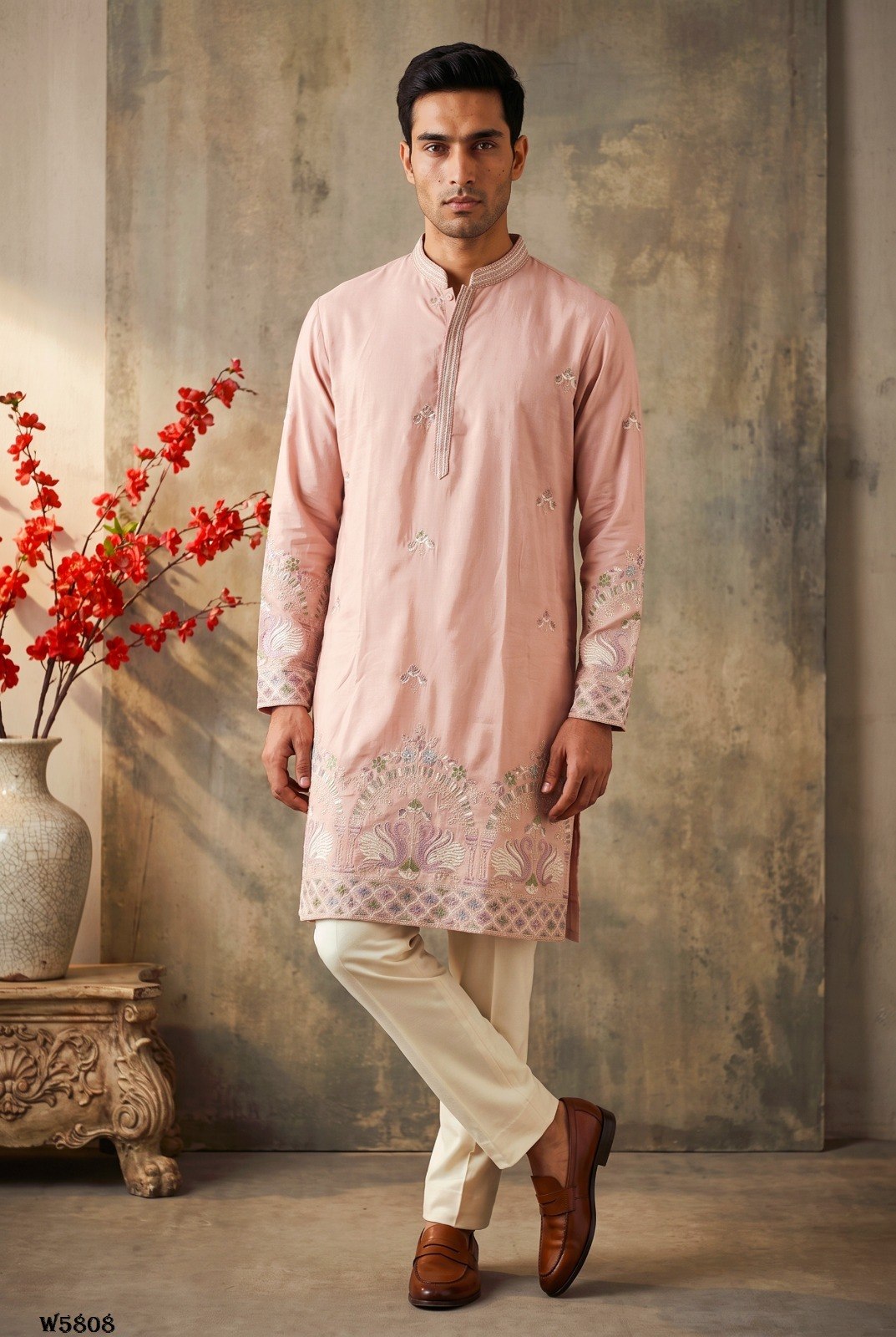 Men’s Silk Embroidered Kurta Pant Set with Cotton Inner