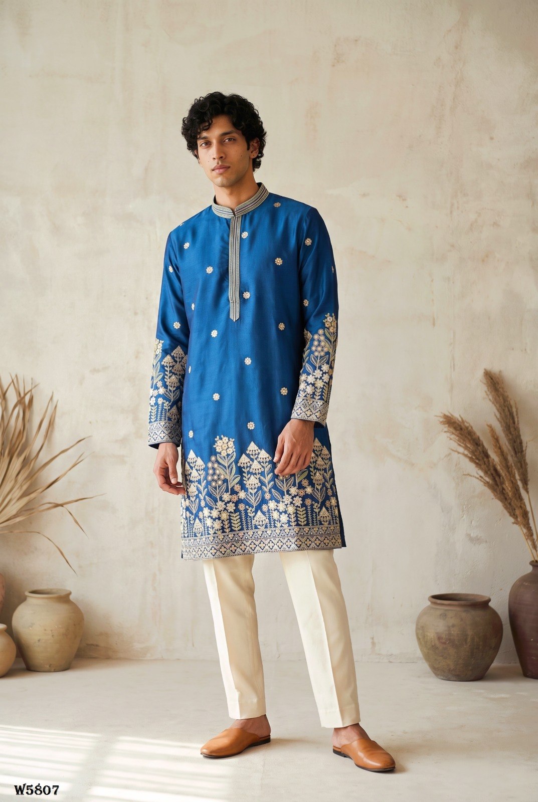 Men’s Silk Embroidered Kurta Pant Set with Cotton Inner
