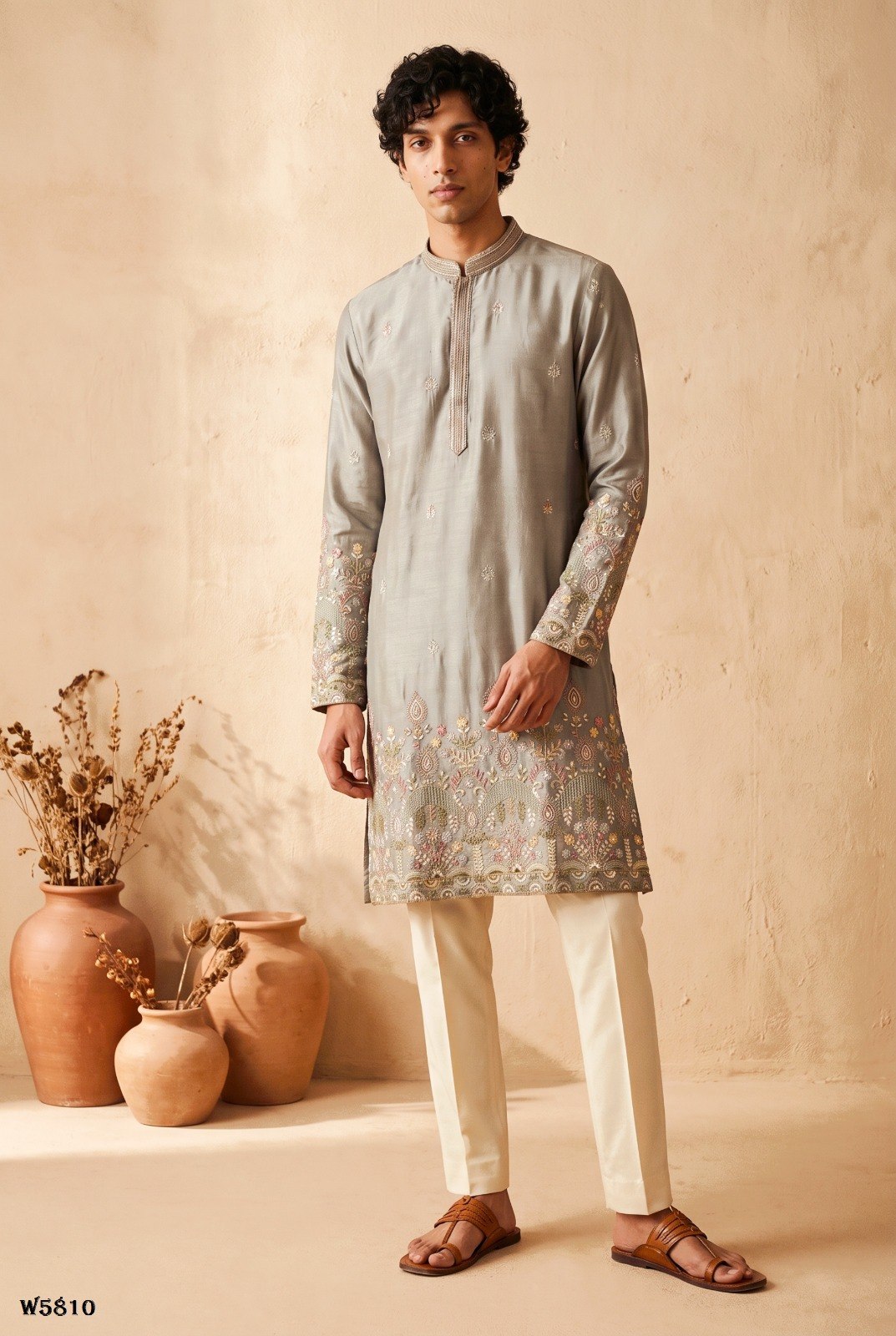 Men’s Silk Embroidered Kurta Pant Set with Cotton Inner