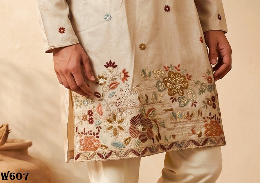 Men’s Traditional Designer Kurta Pant Set with Bead Detailing