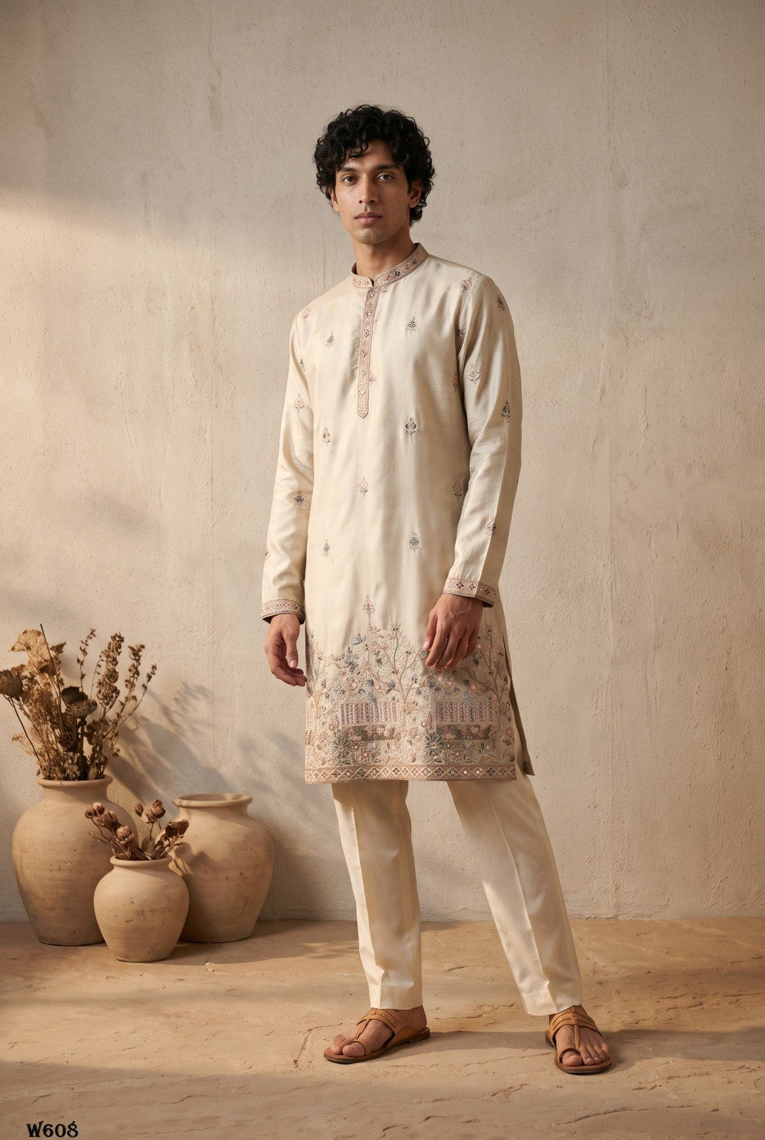 Men’s Cotton Inner Embroidered Wedding Kurta Pant Set