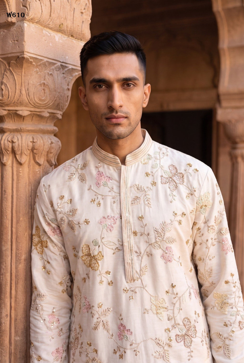 Men’s Premium Festive Wear Kurta Pant Set with Detailed Embroidery and Beadwork