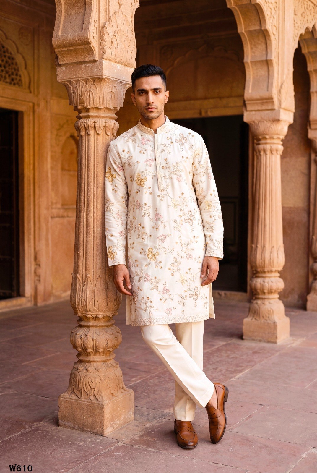 Men’s Premium Festive Wear Kurta Pant Set with Detailed Embroidery and Beadwork