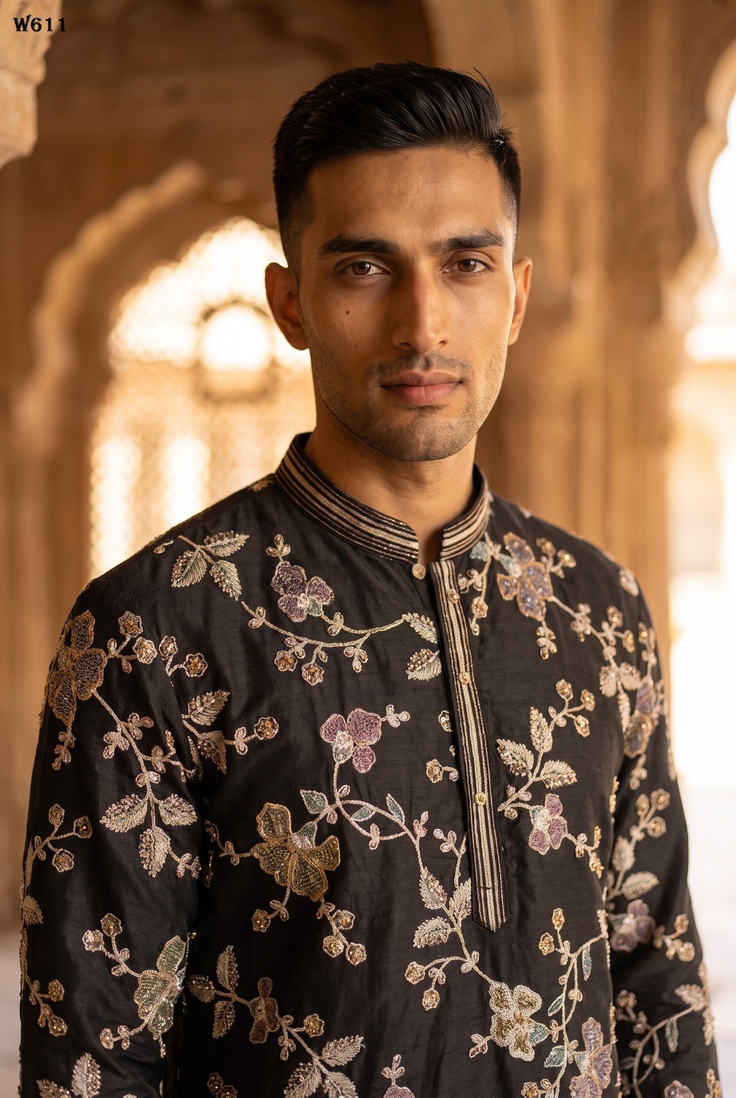 Men’s Premium Wedding Ceremony Kurta Pant Set with Designer Embroidery and Beadwork