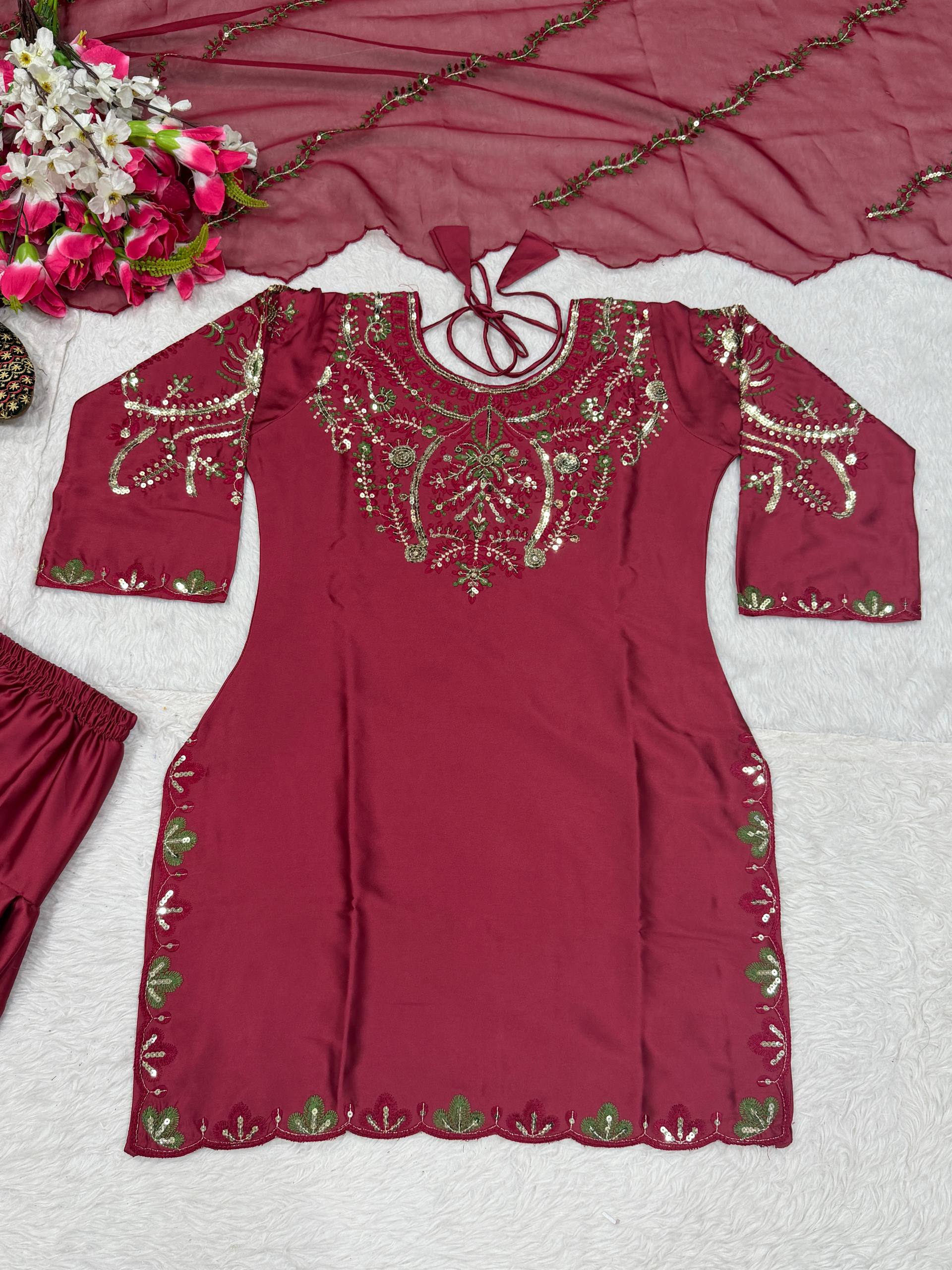 Heavy Japan Satin Farshi Salwar Suit with Embroidery Sequence Work