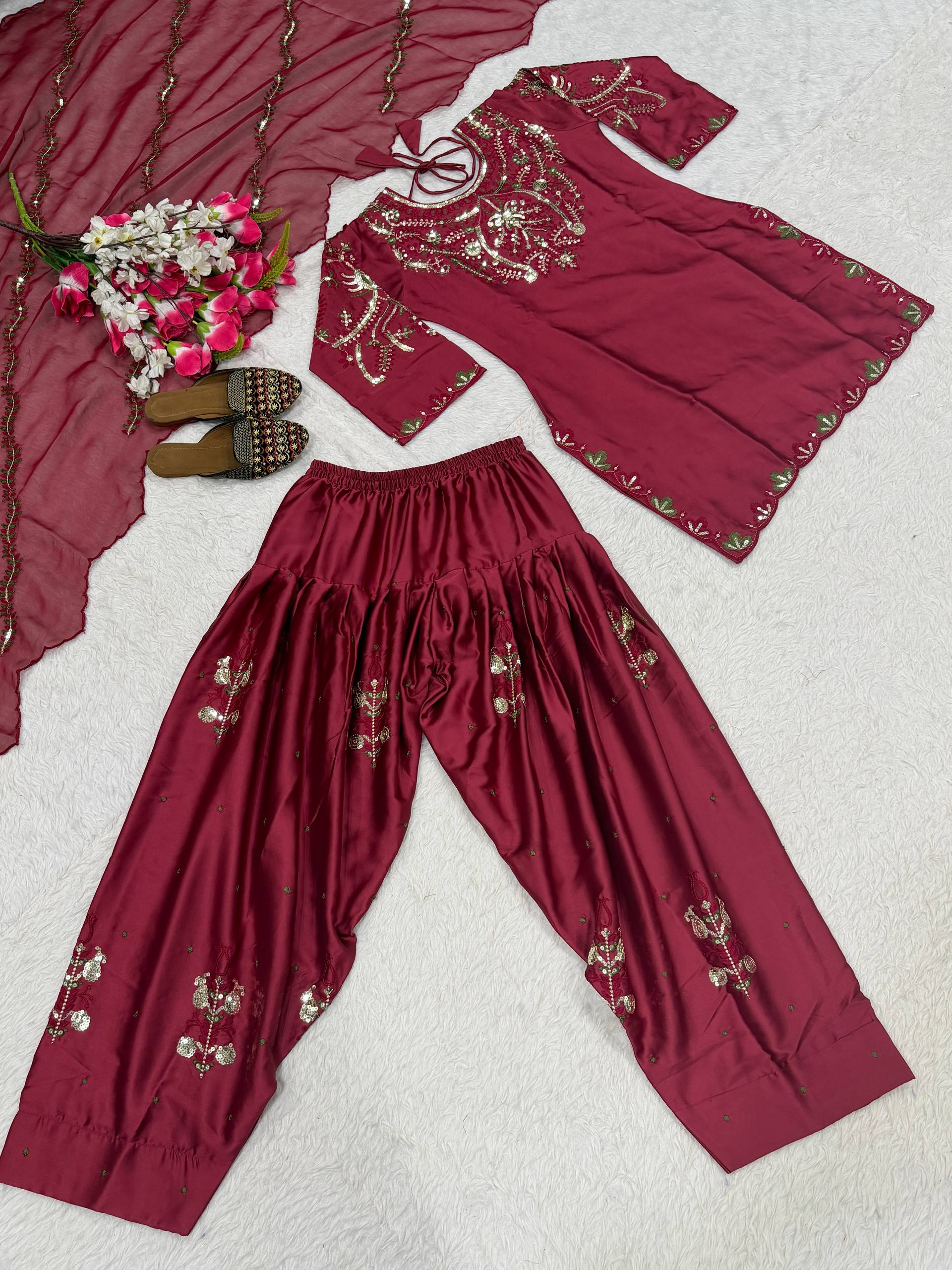 Heavy Japan Satin Farshi Salwar Suit with Embroidery Sequence Work