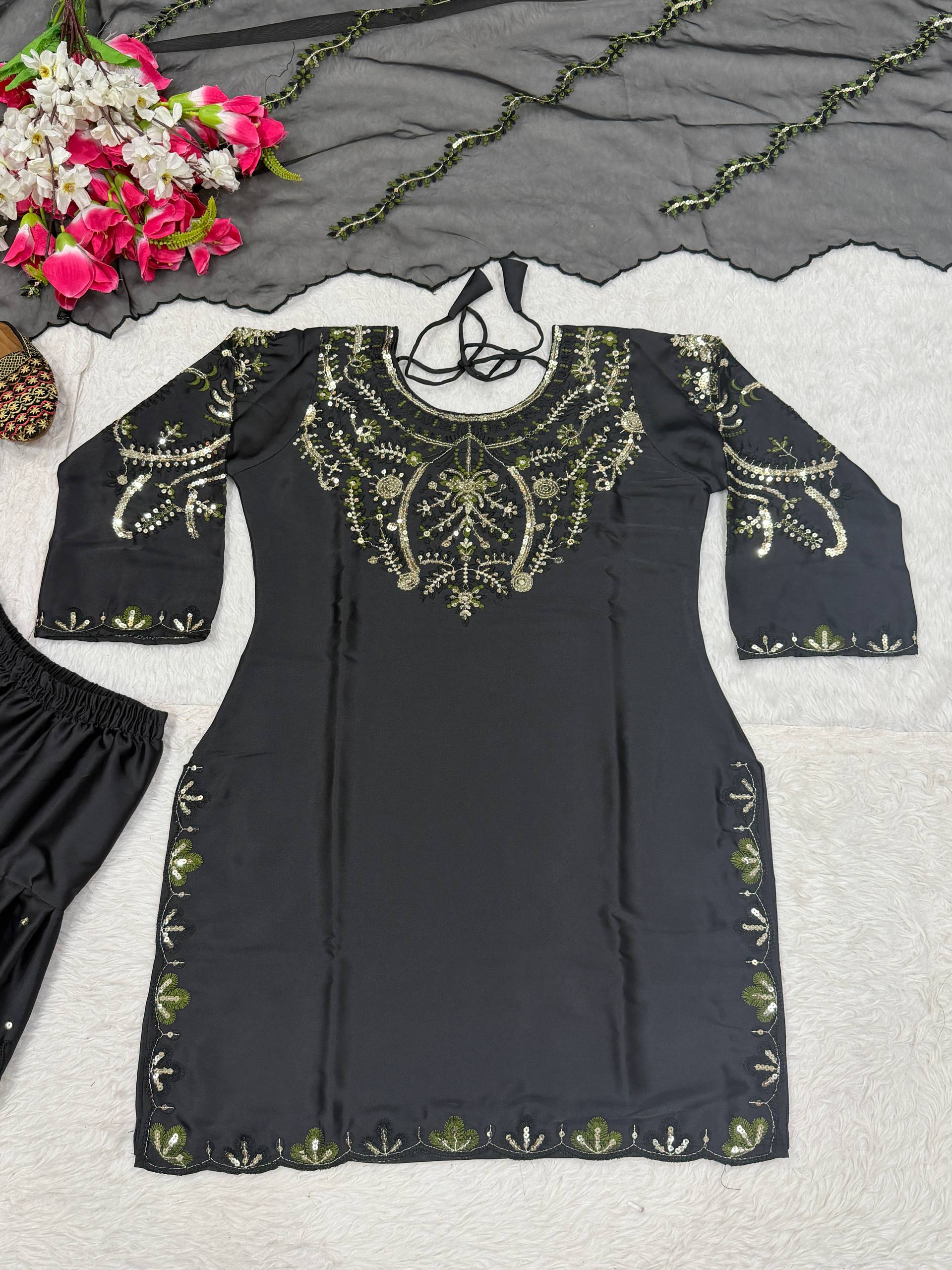 Heavy Japan Satin Farshi Salwar Suit with Embroidery Sequence Work