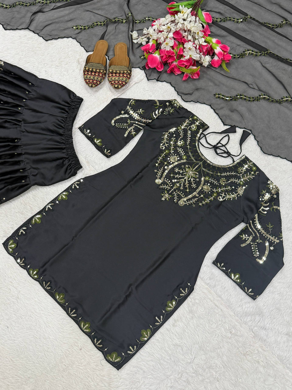 Heavy Japan Satin Farshi Salwar Suit with Embroidery Sequence Work