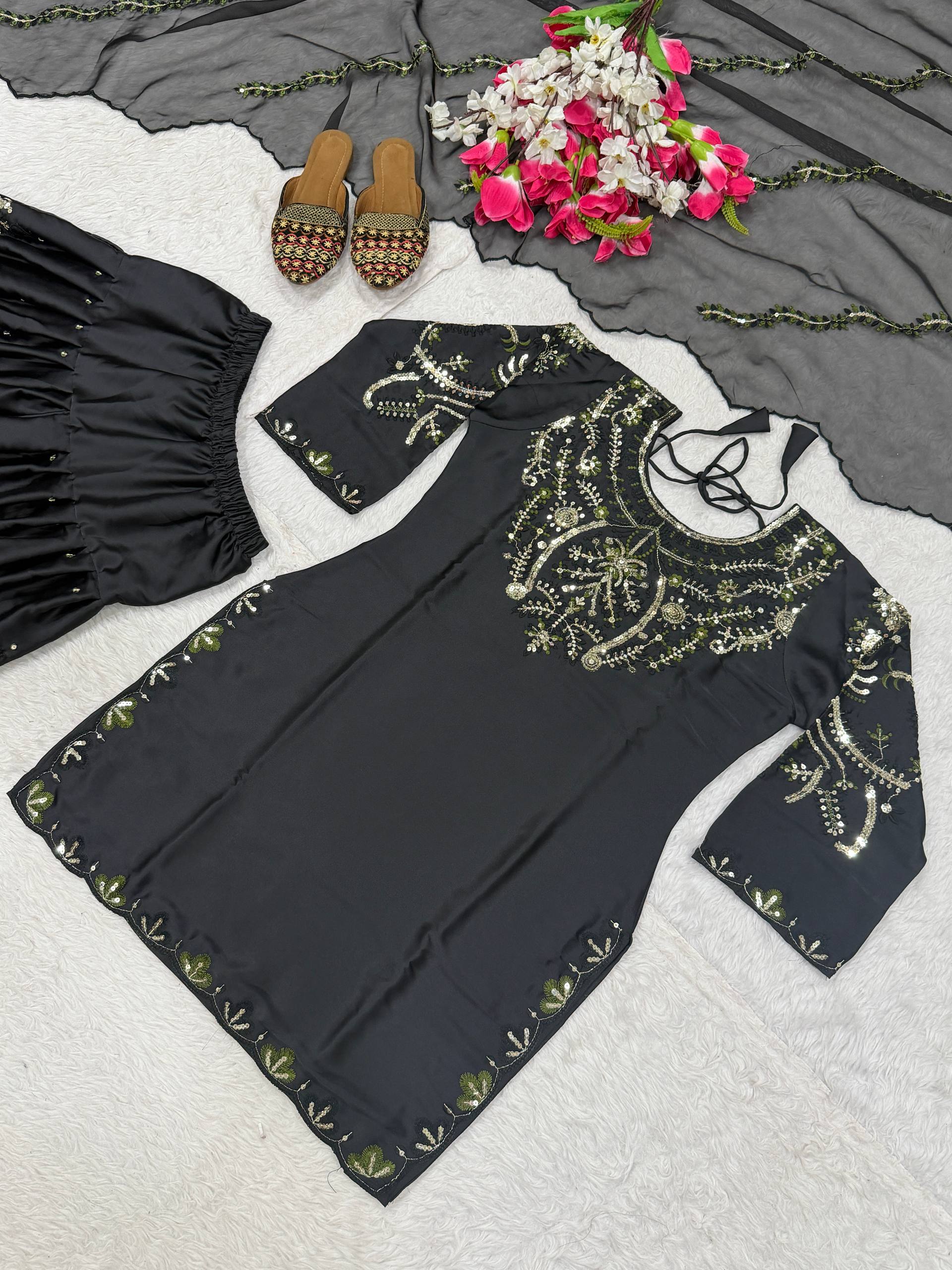 Heavy Japan Satin Farshi Salwar Suit with Embroidery Sequence Work