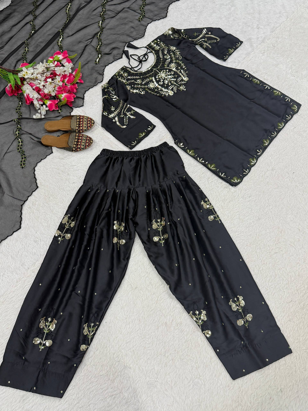 Heavy Japan Satin Farshi Salwar Suit with Embroidery Sequence Work