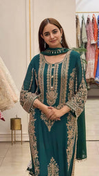 Ziyana Faux Georgette Heavy Embroidered Kurti with Pant & Dupatta Set