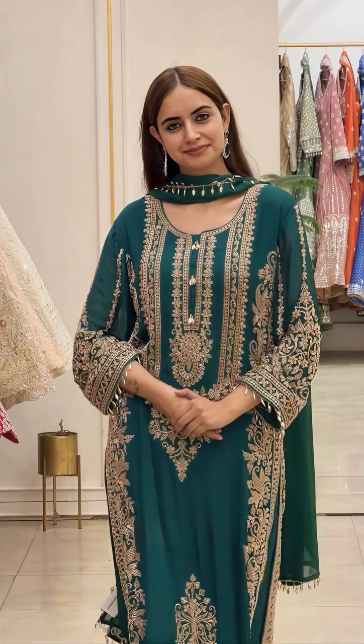 Ziyana Faux Georgette Heavy Embroidered Kurti with Pant & Dupatta Set