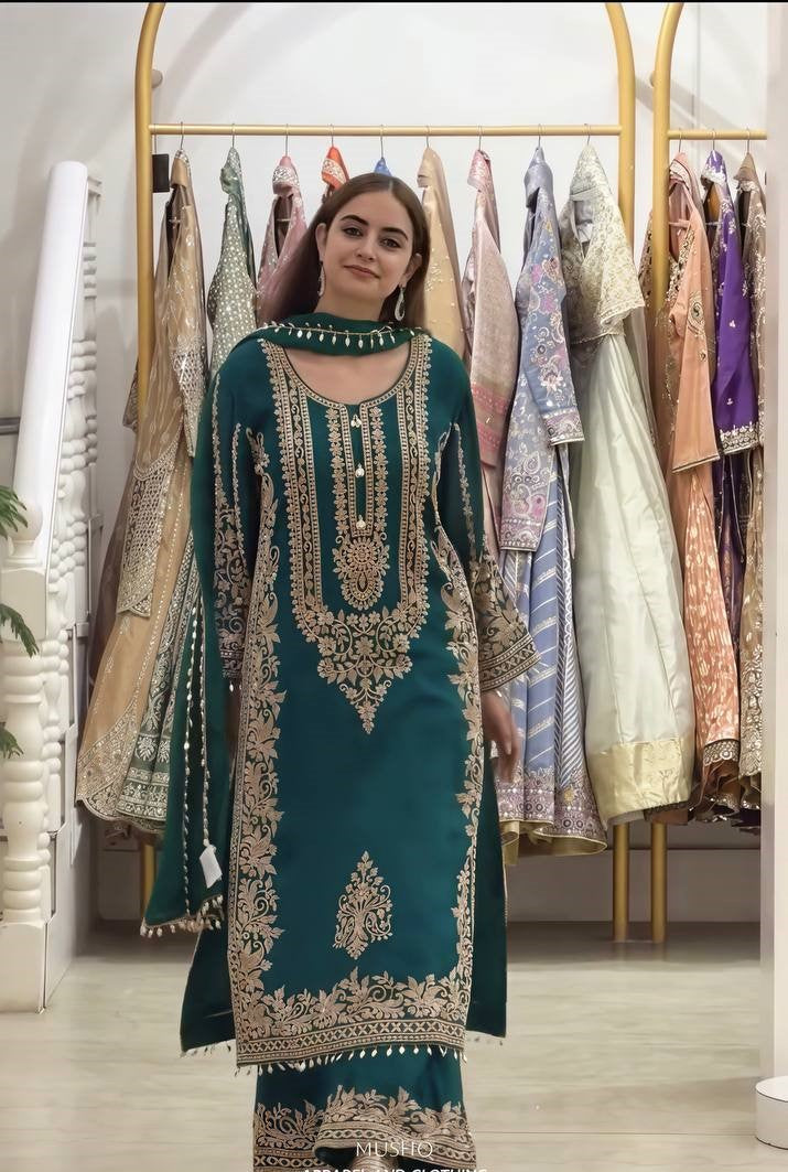 Ziyana Faux Georgette Heavy Embroidered Kurti with Pant & Dupatta Set
