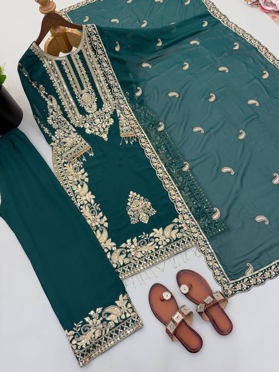Ziyana Faux Georgette Heavy Embroidered Kurti with Pant & Dupatta Set