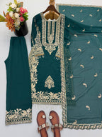 Ziyana Faux Georgette Heavy Embroidered Kurti with Pant & Dupatta Set