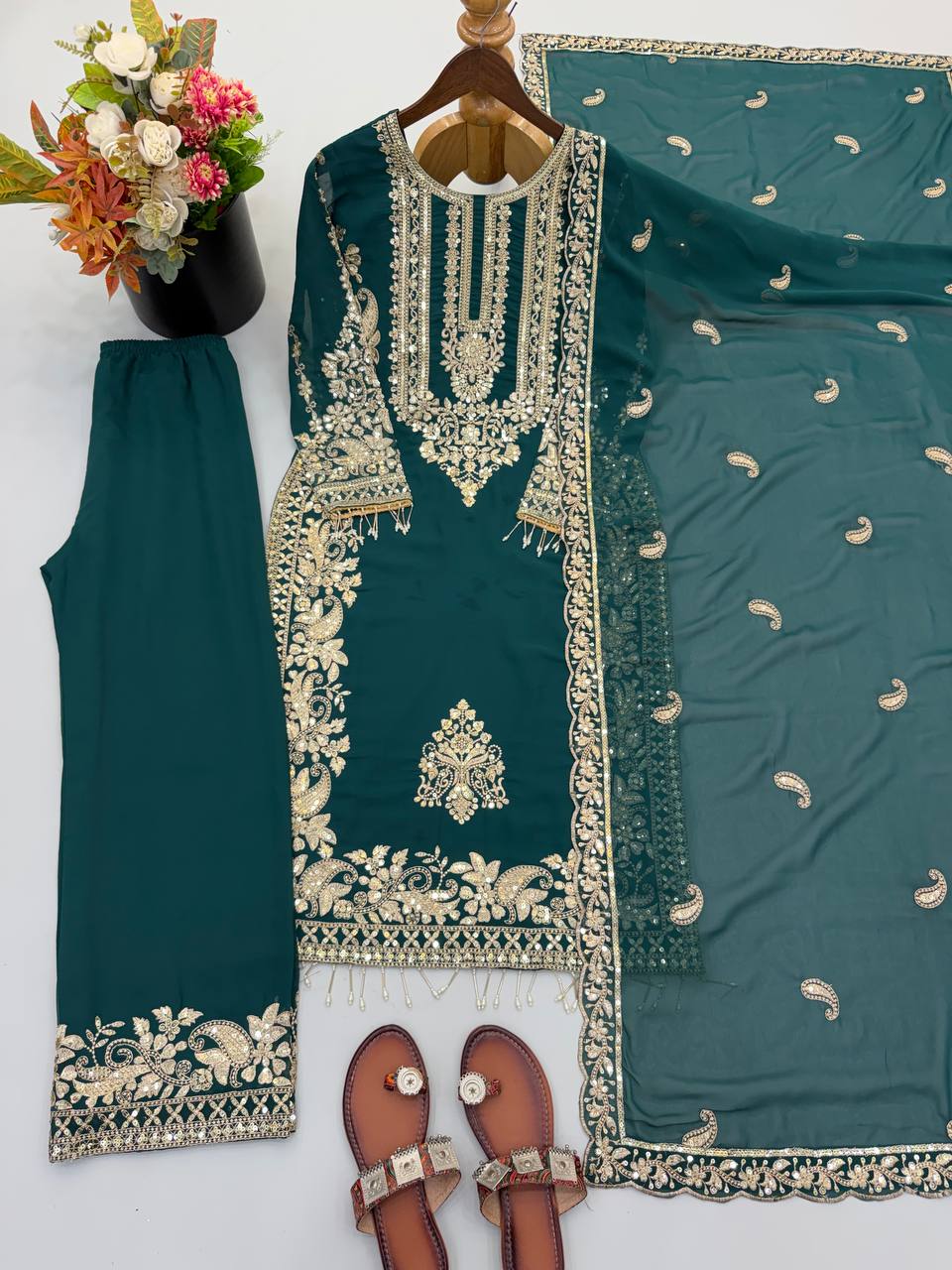 Ziyana Faux Georgette Heavy Embroidered Kurti with Pant & Dupatta Set