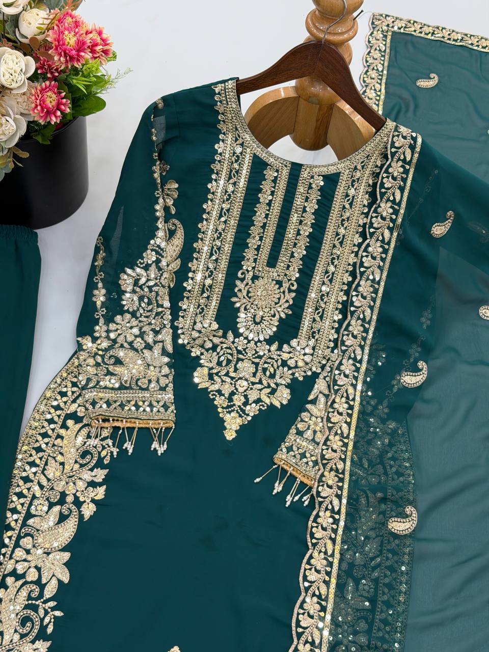 Ziyana Faux Georgette Heavy Embroidered Kurti with Pant & Dupatta Set