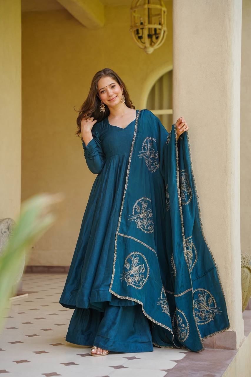 Ridhanya Heavy Vichitra Silk Anarkali with Palazzo & Embroidered Dupatta Set