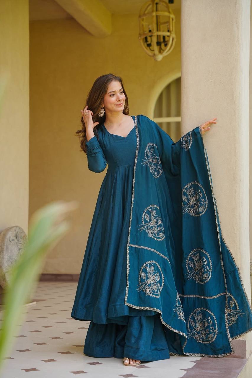 Ridhanya Heavy Vichitra Silk Anarkali with Palazzo & Embroidered Dupatta Set