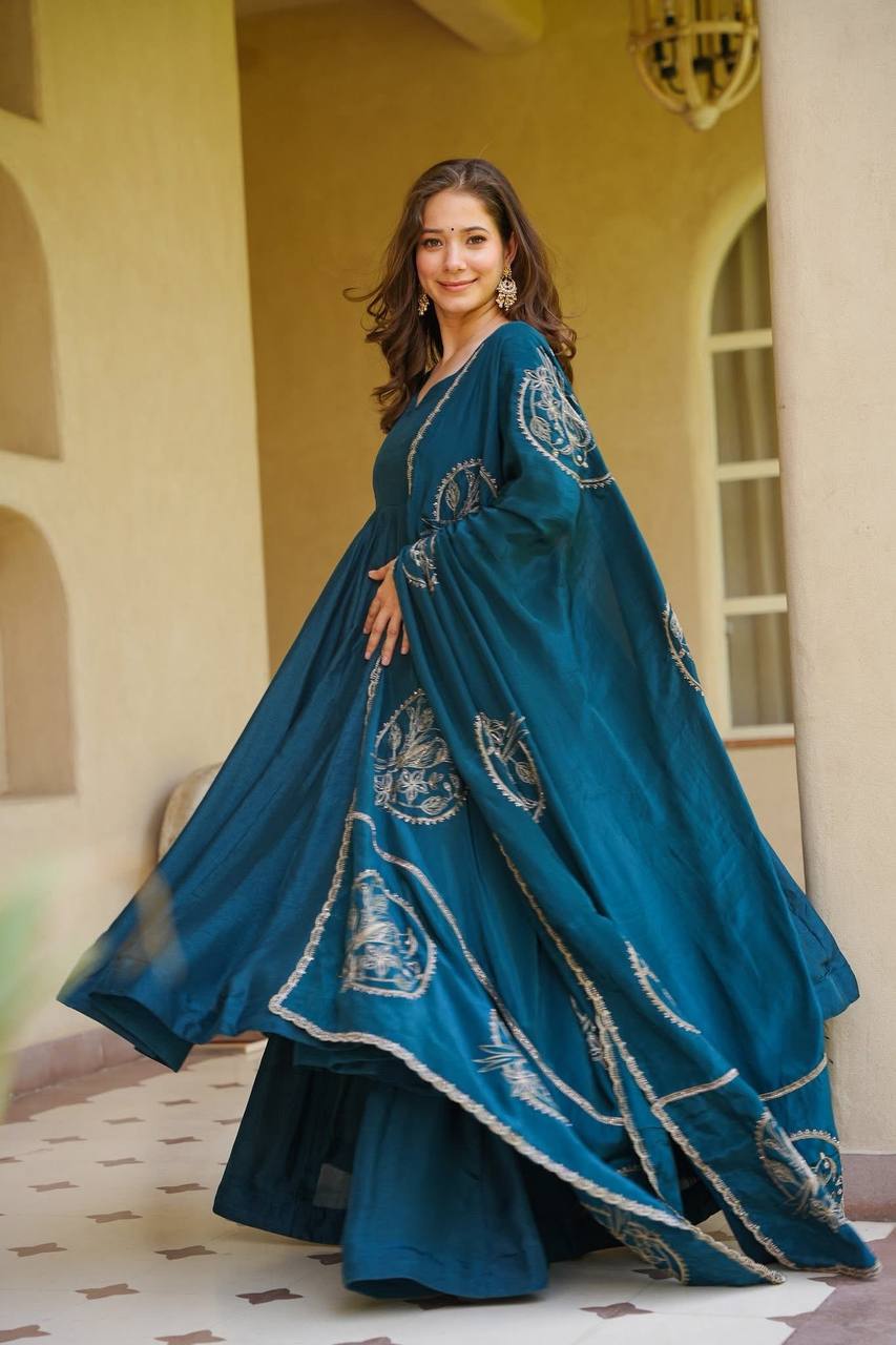 Ridhanya Heavy Vichitra Silk Anarkali with Palazzo & Embroidered Dupatta Set