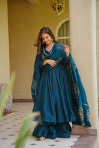 Ridhanya Heavy Vichitra Silk Anarkali with Palazzo & Embroidered Dupatta Set