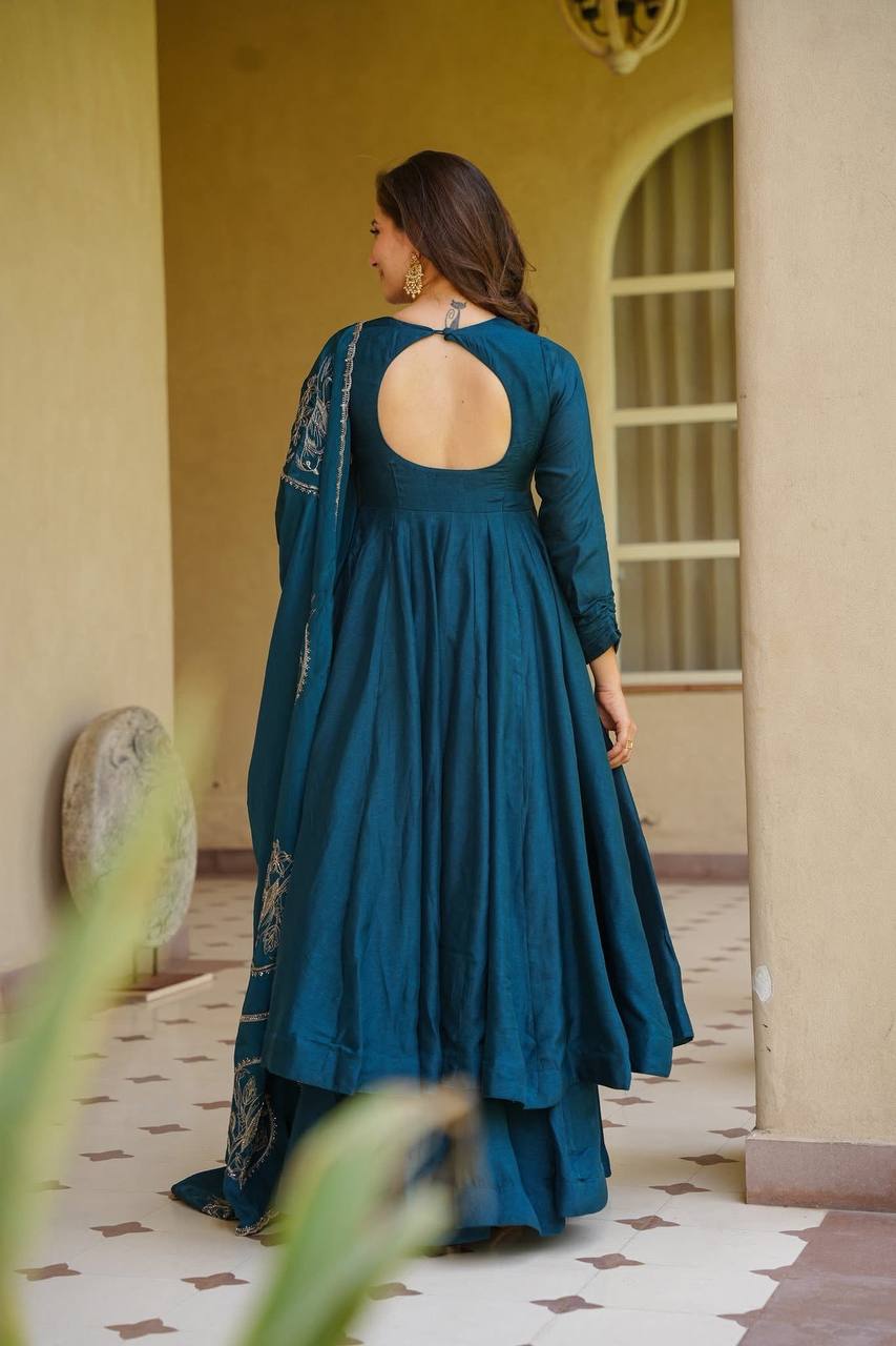Ridhanya Heavy Vichitra Silk Anarkali with Palazzo & Embroidered Dupatta Set
