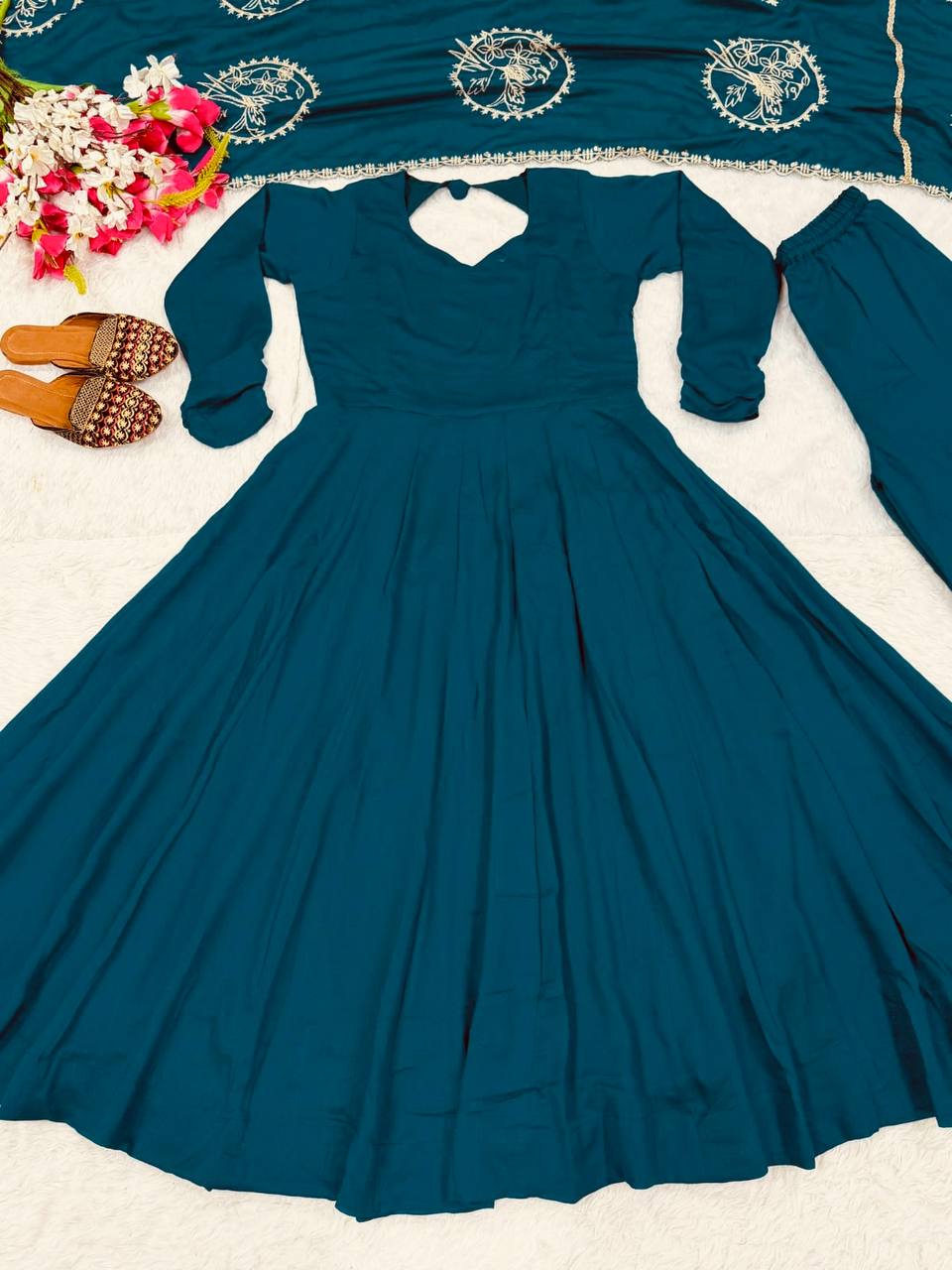Ridhanya Heavy Vichitra Silk Anarkali with Palazzo & Embroidered Dupatta Set
