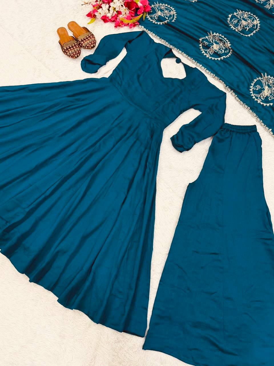 Ridhanya Heavy Vichitra Silk Anarkali with Palazzo & Embroidered Dupatta Set