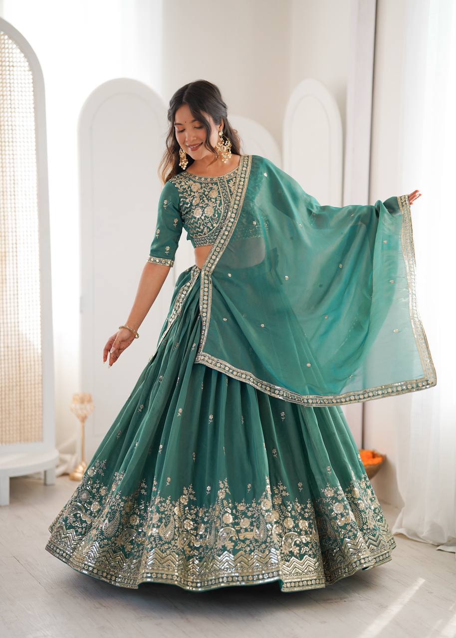 Grand Celebration Simmer Silk Lehenga With Rich Embroidery & CanCan Flair