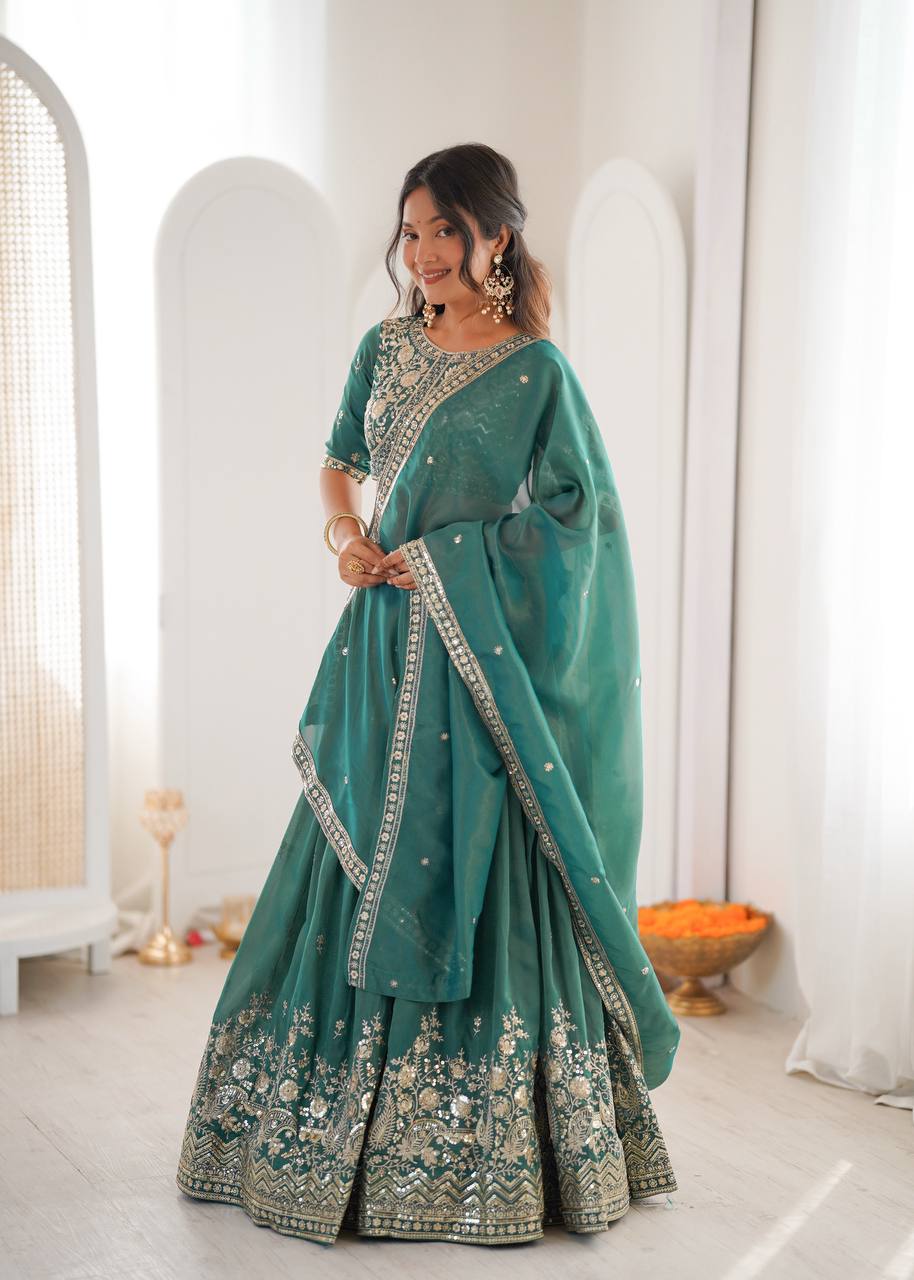 Grand Celebration Simmer Silk Lehenga With Rich Embroidery & CanCan Flair