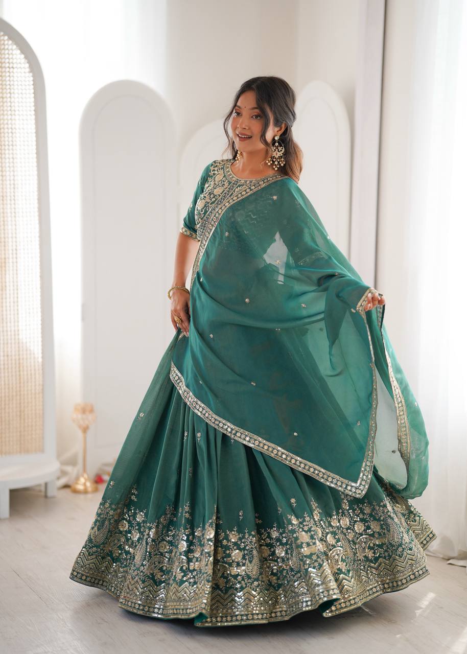 Grand Celebration Simmer Silk Lehenga With Rich Embroidery & CanCan Flair
