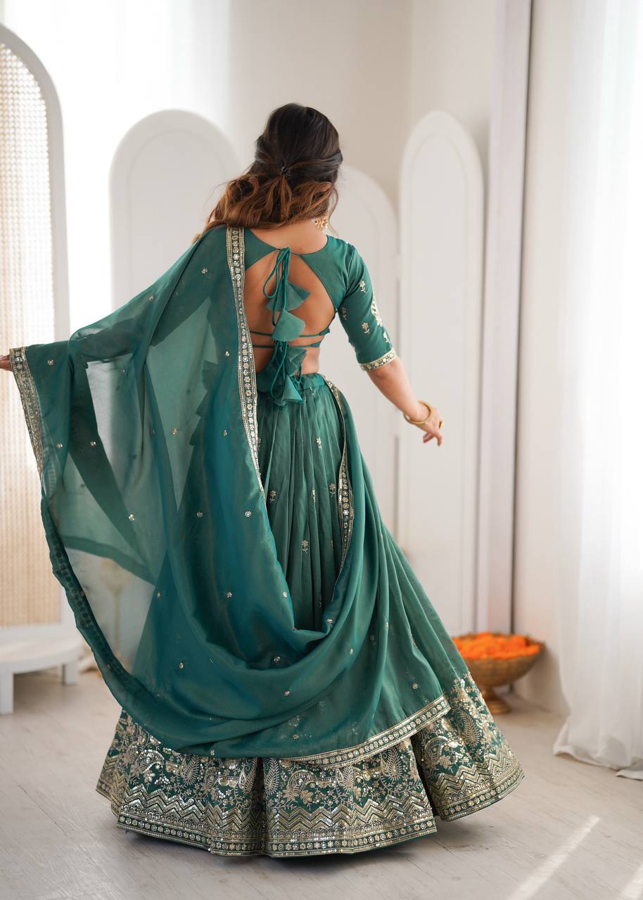Grand Celebration Simmer Silk Lehenga With Rich Embroidery & CanCan Flair