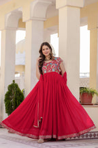 Aavisha Faux Georgette Heavy Embroidered Gown with Four-Metre Flair and Lace Border Dupatta