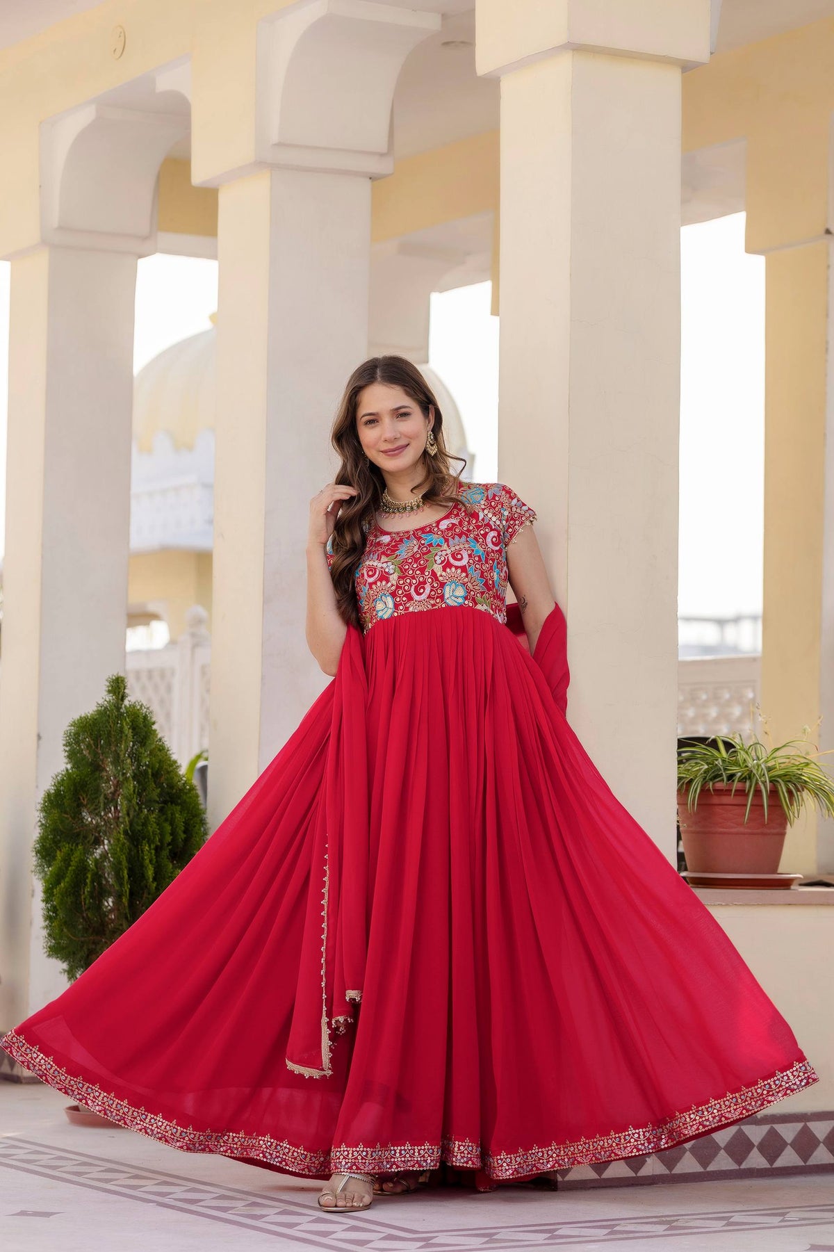 Aavisha Faux Georgette Heavy Embroidered Gown with Four-Metre Flair and Lace Border Dupatta