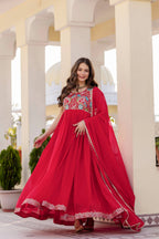 Aavisha Faux Georgette Heavy Embroidered Gown with Four-Metre Flair and Lace Border Dupatta