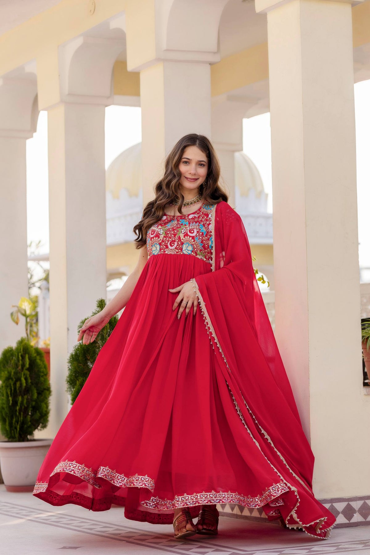 Aavisha Faux Georgette Heavy Embroidered Gown with Four-Metre Flair and Lace Border Dupatta