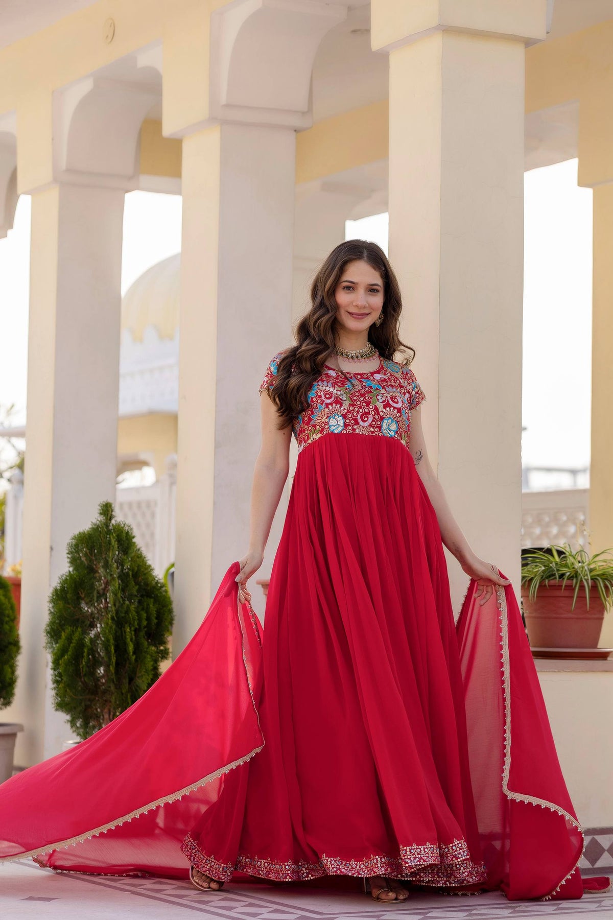 Aavisha Faux Georgette Heavy Embroidered Gown with Four-Metre Flair and Lace Border Dupatta