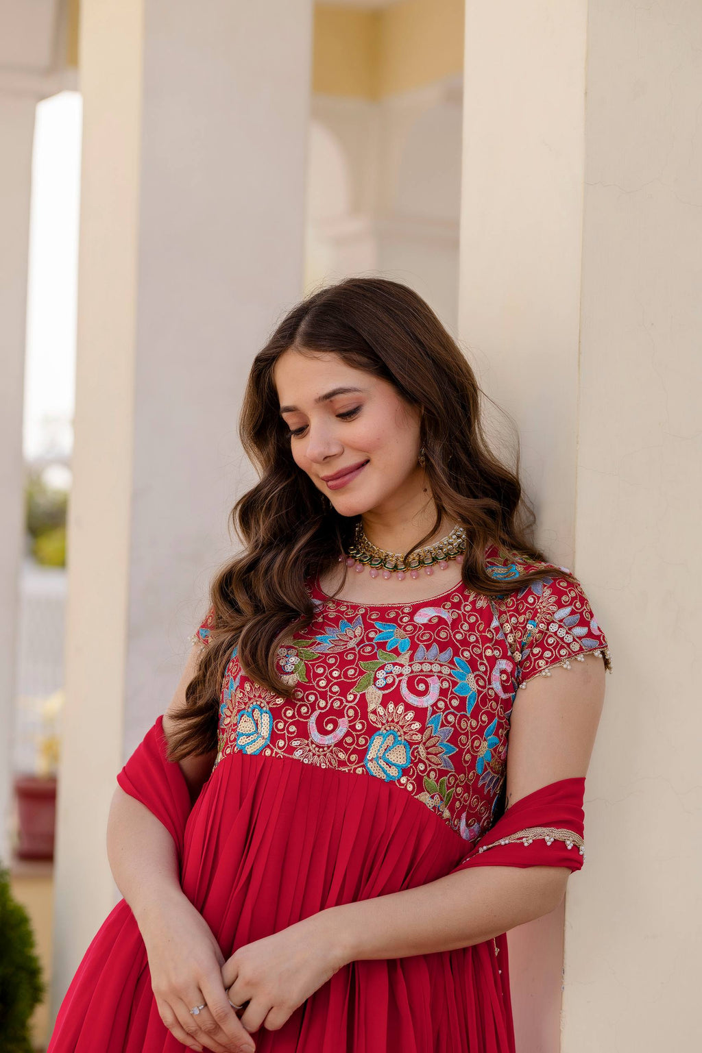 Aavisha Faux Georgette Heavy Embroidered Gown with Four-Metre Flair and Lace Border Dupatta