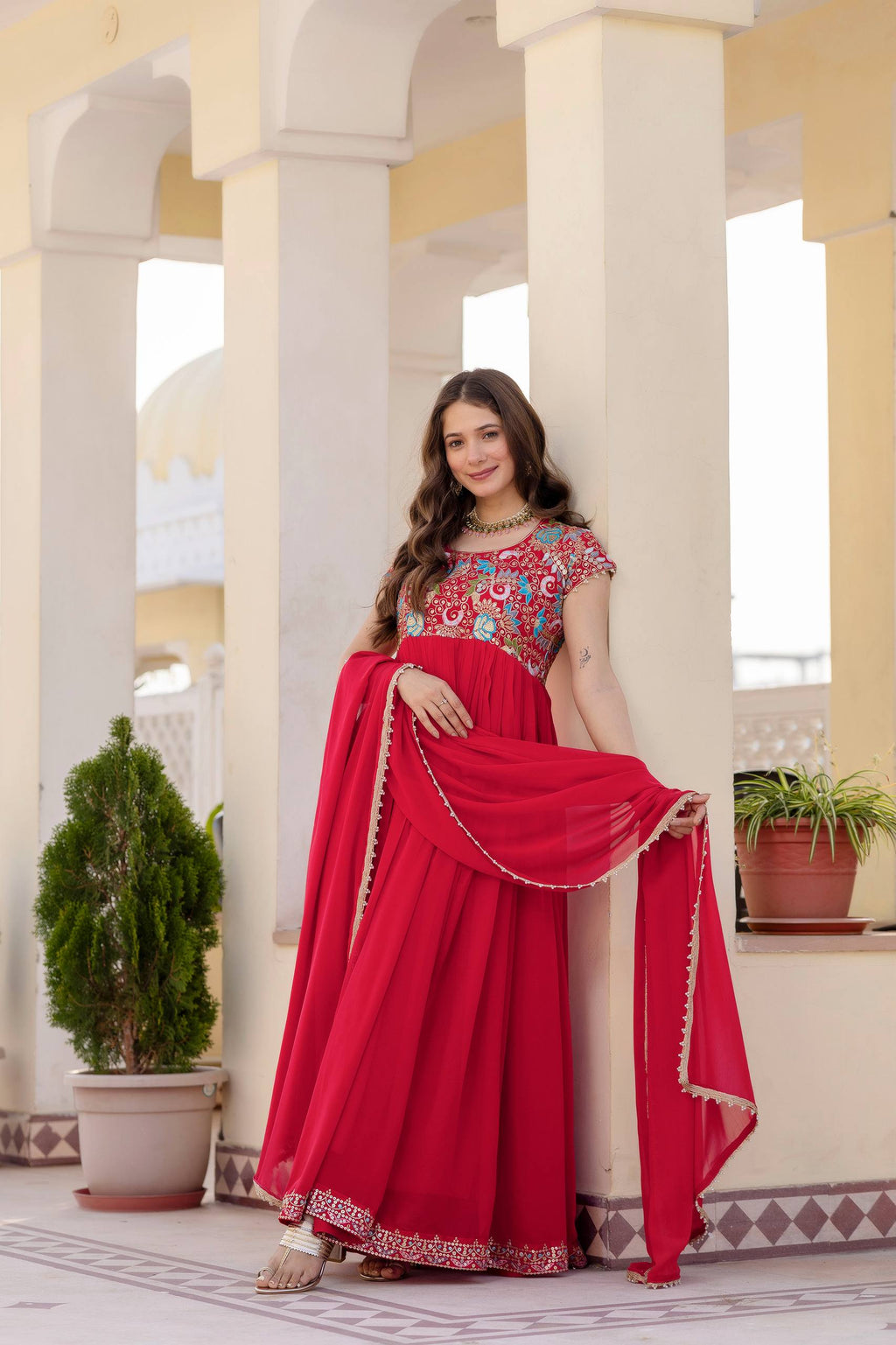 Aavisha Faux Georgette Heavy Embroidered Gown with Four-Metre Flair and Lace Border Dupatta