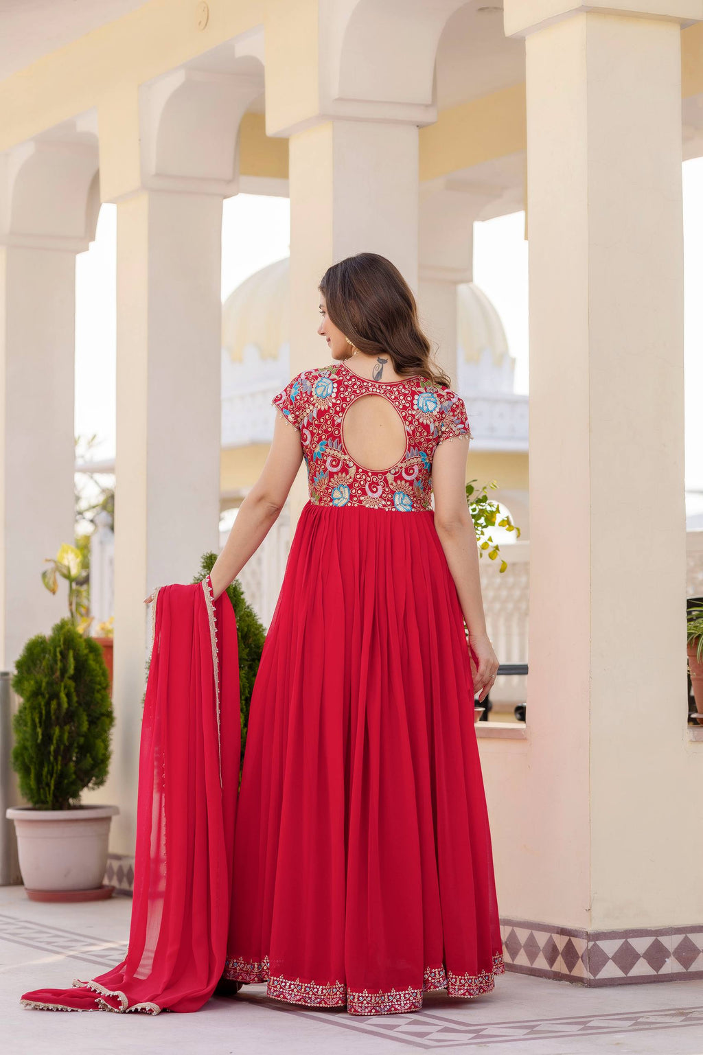 Aavisha Faux Georgette Heavy Embroidered Gown with Four-Metre Flair and Lace Border Dupatta