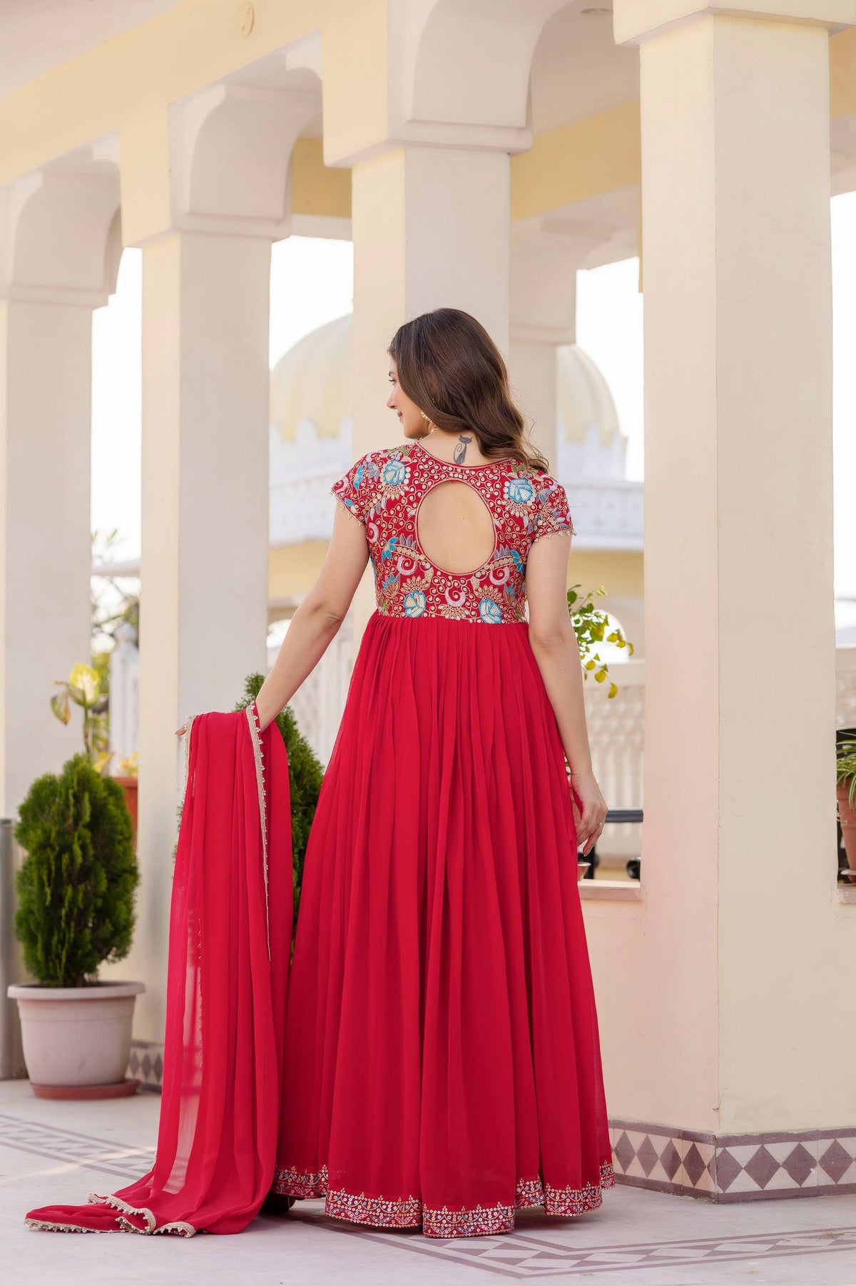 Aavisha Faux Georgette Heavy Embroidered Gown with Four-Metre Flair and Lace Border Dupatta